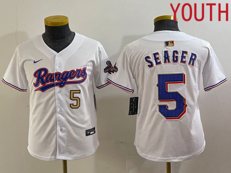 Youth Texas Rangers #5 Seager White Champion Game Nike 2024 MLB Jersey style 3